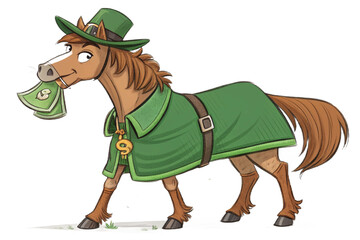 Cartoon style illustration of a horse dressed as a leprechaun for St. Patrick's Day, wearing a hat and coat, carrying cash in his mouth isolated on transparent background