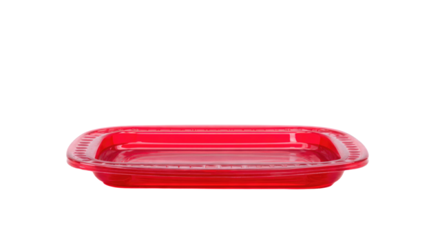 A vibrant red, transparent, rectangular plastic food container, possibly a takeaway or storage tub base, isolated on a solid dark transparent background. background removed - Powered by Adobe
