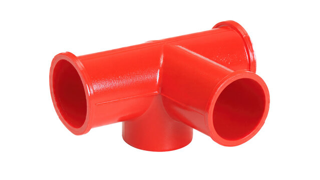A bright red plastic T-shaped pipe fitting, commonly used for plumbing or irrigation systems, stands out on a clean transparent background. background removed
