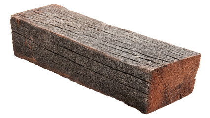 Fototapeta premium A weathered, rustic timber beam or railroad tie, showcasing its rough, aged texture and cracked surface, with a reddish-brown cross-section. background removed