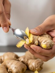 Hands carefully peeling fresh ginger root with spoon for culinary uses