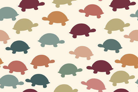 A cute seamless pattern of simple turtle silhouettes in soft earthy tones, creating a warm and playful design perfect for kids&rsquo; decor, textiles, and backgrounds.