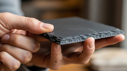 Hands holding textured slate surface for serving appetizers or culinary