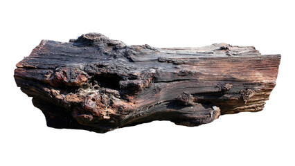 A detailed, isolated image of a weathered, gnarled piece of old wood with dark, rough texture, natural cracks, and organic form. background removed