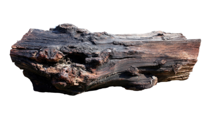A detailed, isolated image of a weathered, gnarled piece of old wood with dark, rough texture, natural cracks, and organic form. background removed