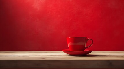 Elegant Red Teacup on Weathered Wooden Surface with Soft Warm Lighting