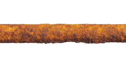 A severely corroded and textured rusty metal pipe or rod, horizontally presented against a clean, solid transparent background. background removed