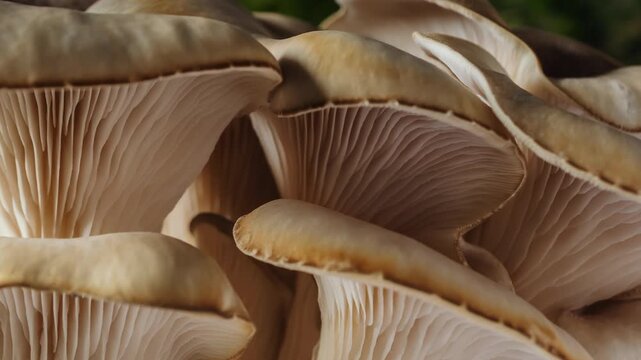 Macro timelapse mushrooms growing near moss-covered tree bark. Close-up fungi smooth beige caps and delicate gills, illuminated with warm natural light. Organic shapes texture, forest atmosphere