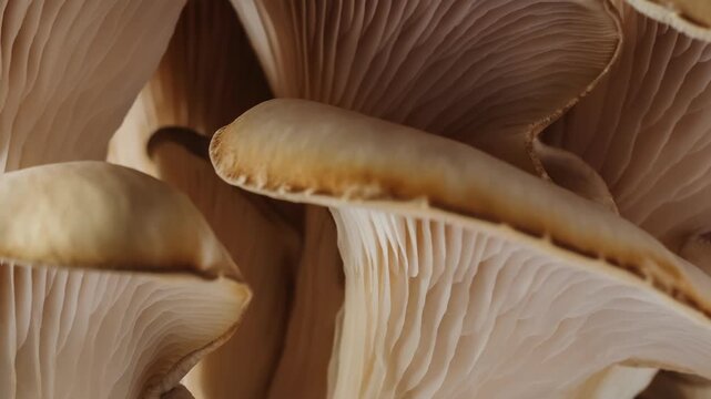 Macro timelapse mushrooms growing near moss-covered tree bark. Close-up fungi smooth beige caps and delicate gills, illuminated with warm natural light. Organic shapes texture, forest atmosphere