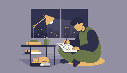 Young artist drawing in notebook at home.