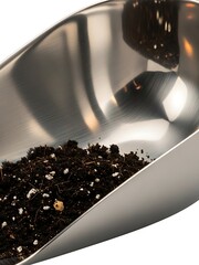 Metallic Scoop Filled with Soil, Gardening Preparation Concept Close-Up