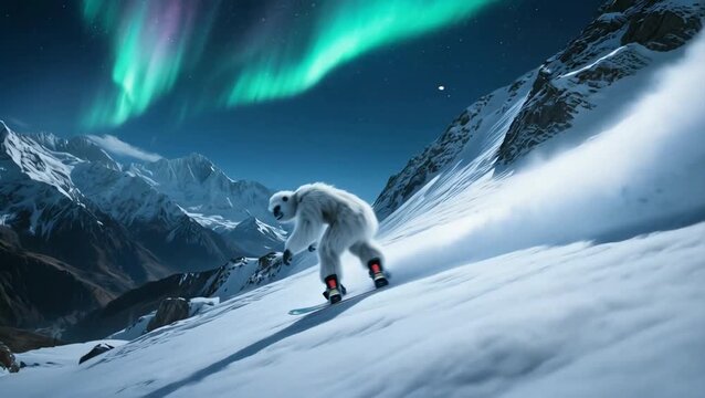Furry yeti snowboarding down a snowy mountain slope under a vibrant aurora borealis sky