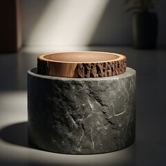 Minimalist display featuring wood slice on stone plinth for product showcase