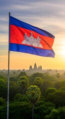 Obraz premium Cambodian flag with angkor wat and sunrise in siem reap cambodia