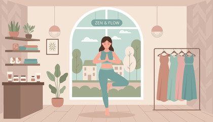 Woman practicing yoga in bright studio with plants.