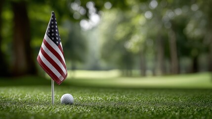 American flag on a golf course, green fairways