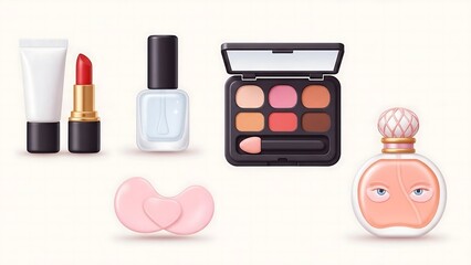 nail polish and lipstick, set of cosmetic products, Different beauty makeup cosmetic product 3D style icon set vector illustration bundle collection. Makeup palette, lipstick, perfume bottle, eye patc