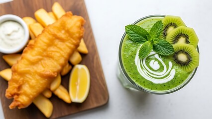 Nutritious green smoothie paired with golden fish and chips indulgence