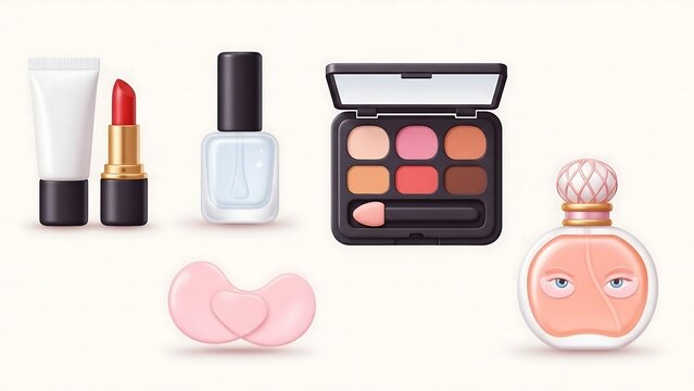 nail polish and lipstick, set of cosmetic products, Different beauty makeup cosmetic product 3D style icon set vector illustration bundle collection. Makeup palette, lipstick, perfume bottle, eye patc