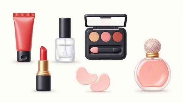 nail polish and lipstick, set of cosmetic products, Different beauty makeup cosmetic product 3D style icon set vector illustration bundle collection. Makeup palette, lipstick, perfume bottle, eye patc