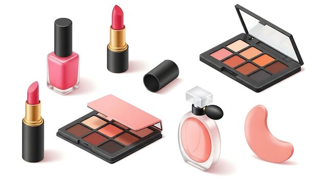 nail polish and lipstick, set of cosmetic products, Different beauty makeup cosmetic product 3D style icon set vector illustration bundle collection. Makeup palette, lipstick, perfume bottle, eye patc - Powered by Adobe
