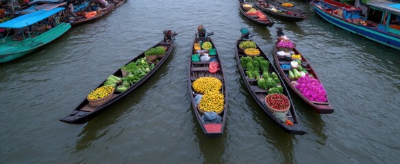Floating market boats burst with vibrant goods evoking lively Southeast Asia river scenes.
