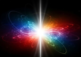 Radiant spectrum burst emanating with trails from center in dark space