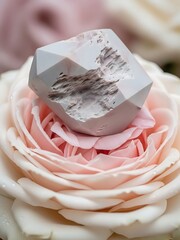 Raw Quartz Cluster nestled within the soft petals of a pale rose bloom