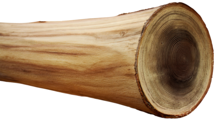 Close-up of a cut tree log, revealing its natural wood grain texture and prominent annual growth rings. Isolated on a solid transparent background. background removed