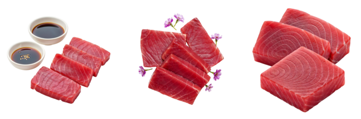 Set of various tuna sashimi isolated on transparent background