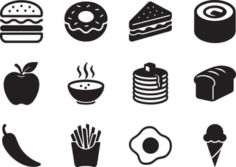 Bold food icon set in clean silhouette style, perfect for menus, restaurants, apps, infographics, and web use.