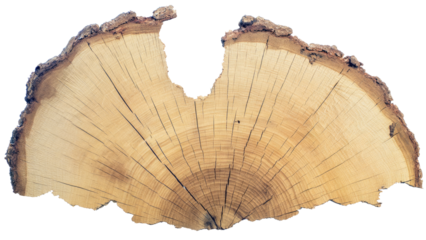 A detailed cross-section of a wooden tree trunk with visible annual growth rings and natural cracks, featuring a rough bark edge. background removed
