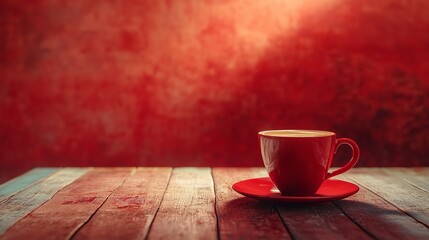 Elegant Red Teacup on Weathered Wooden Surface with Soft Warm Lighting