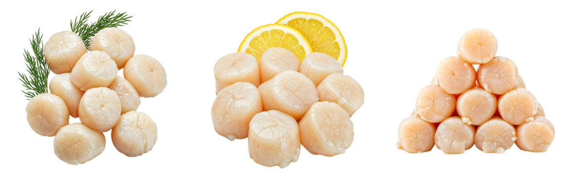 Set of various raw sea scallops isolated on transparent background