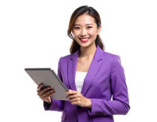 Cheerful woman in a purple jacket holds a tablet, smiling against a transparent background, exuding positivity and confidence,