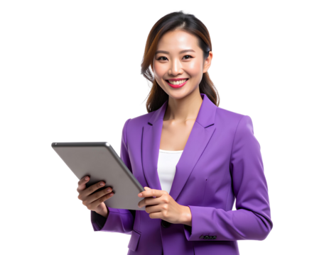 Cheerful woman in a purple jacket holds a tablet, smiling against a transparent background, exuding positivity and confidence, - Powered by Adobe