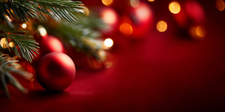 Weihnachtlicher Hintergrund mit Tannenzweig und Bokeh-Lichtern in Rot