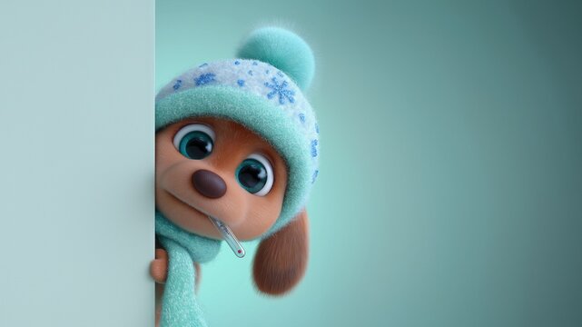 Kranker 3D-Cartoon-Hund mit Fieberthermometer im Maul und M&uuml;tze