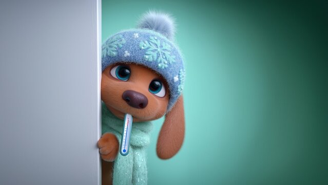 Kranker 3D-Cartoon-Hund mit Fieberthermometer im Maul und M&uuml;tze