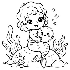 Fototapeta premium Cute mermaid hugging a smiling sea shell while sitting on an underwater rock against a clean white background for a kid activity.