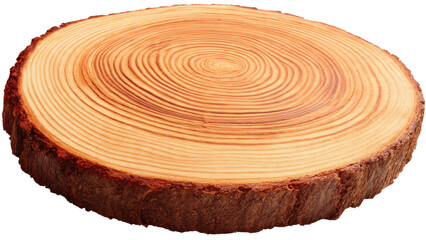 A circular wood slice displaying prominent annual growth rings and natural bark edges, isolated for various design applications. background removed
