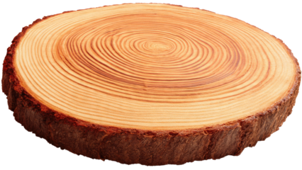 A circular wood slice displaying prominent annual growth rings and natural bark edges, isolated for various design applications. background removed