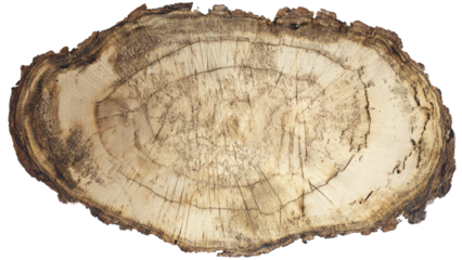 Oval cross-section of a tree trunk displaying intricate wood grain, growth rings, and a textured, rough edge, isolated on a transparent background. background removed