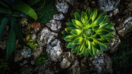Vibrant succulent plant surrounded by textured rocks and greenery details