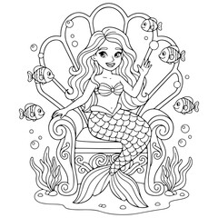 Mermaid in a Seashell Throne Coloring page for Kids