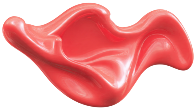 A vibrant, glossy coral-red abstract fluid shape with smooth, reflective curves and dynamic movement, perfect as a graphic design element. background removed - Powered by Adobe