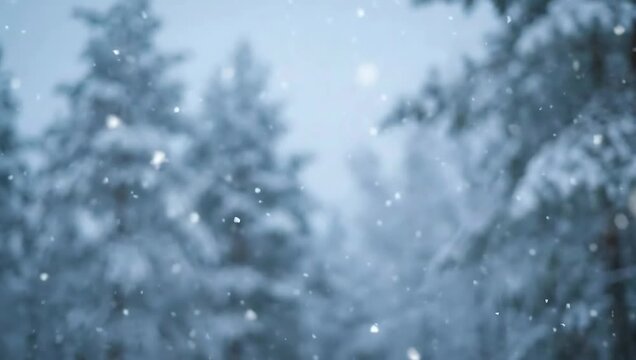 Heavy snow falling in blurred winter forest background with copy space.