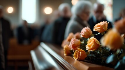Guests gather in a warm, sunlit church, surrounded by soft light. Roses rest on the casket, symbolizing love and memories shared. Emotions are palpable as family and friends mourn together