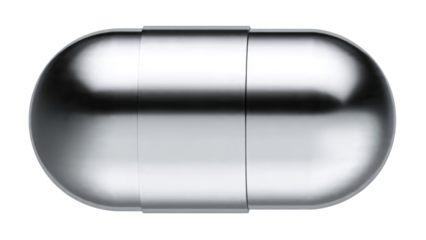 Sleek, reflective metallic capsule or pill, possibly a container, industrial component, or tech device, with a clean, modern design. background removed