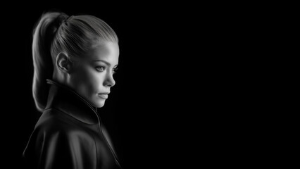 Dramatisches Seitenporträt einer blonden Frau vor schwarzem Hintergrund